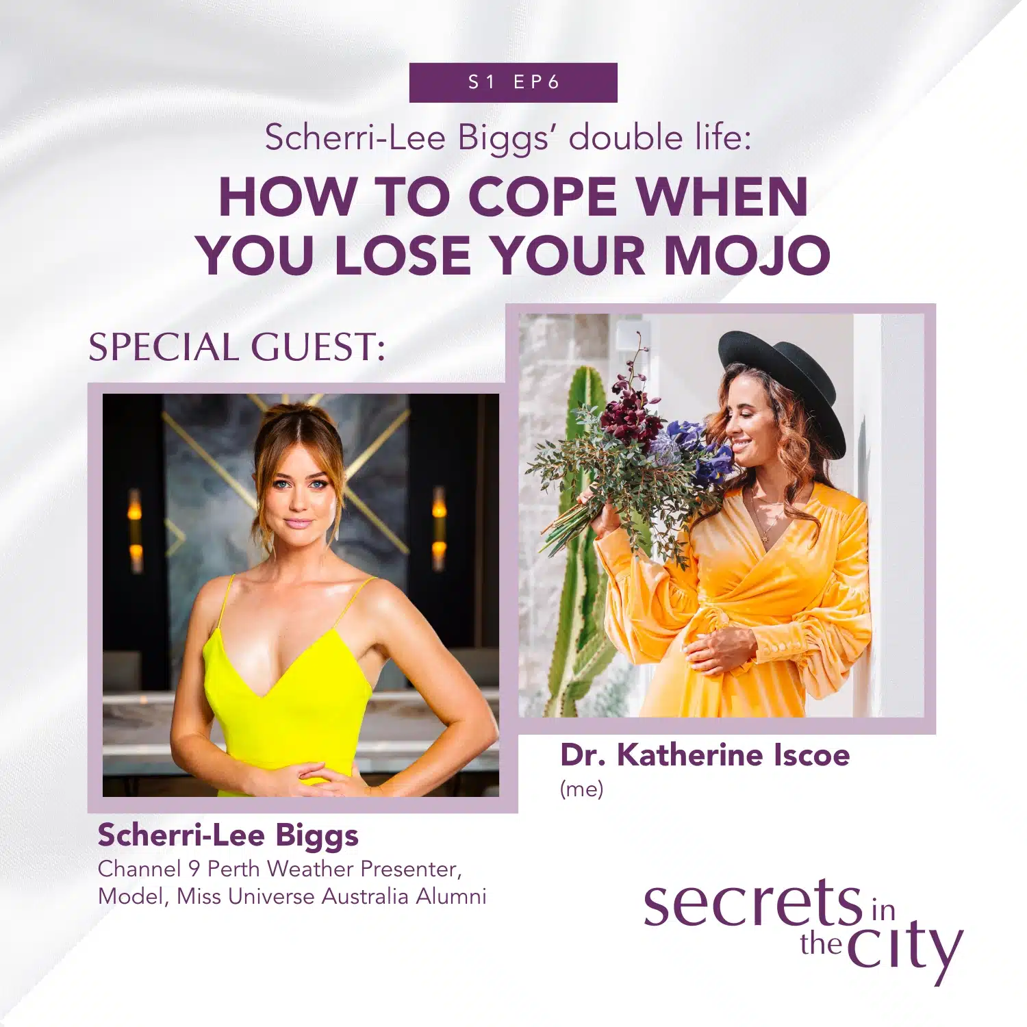 Secrets in the City podcast cover featuring photos of Sherri-Lee Biggs and Dr. Katherine Iscoe
