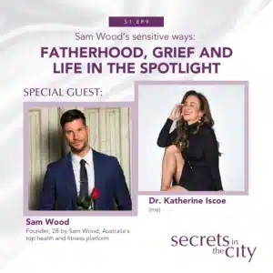 Secrets in the City podcast cover featuring photos of Sam Wood and Dr. Katherine Iscoe