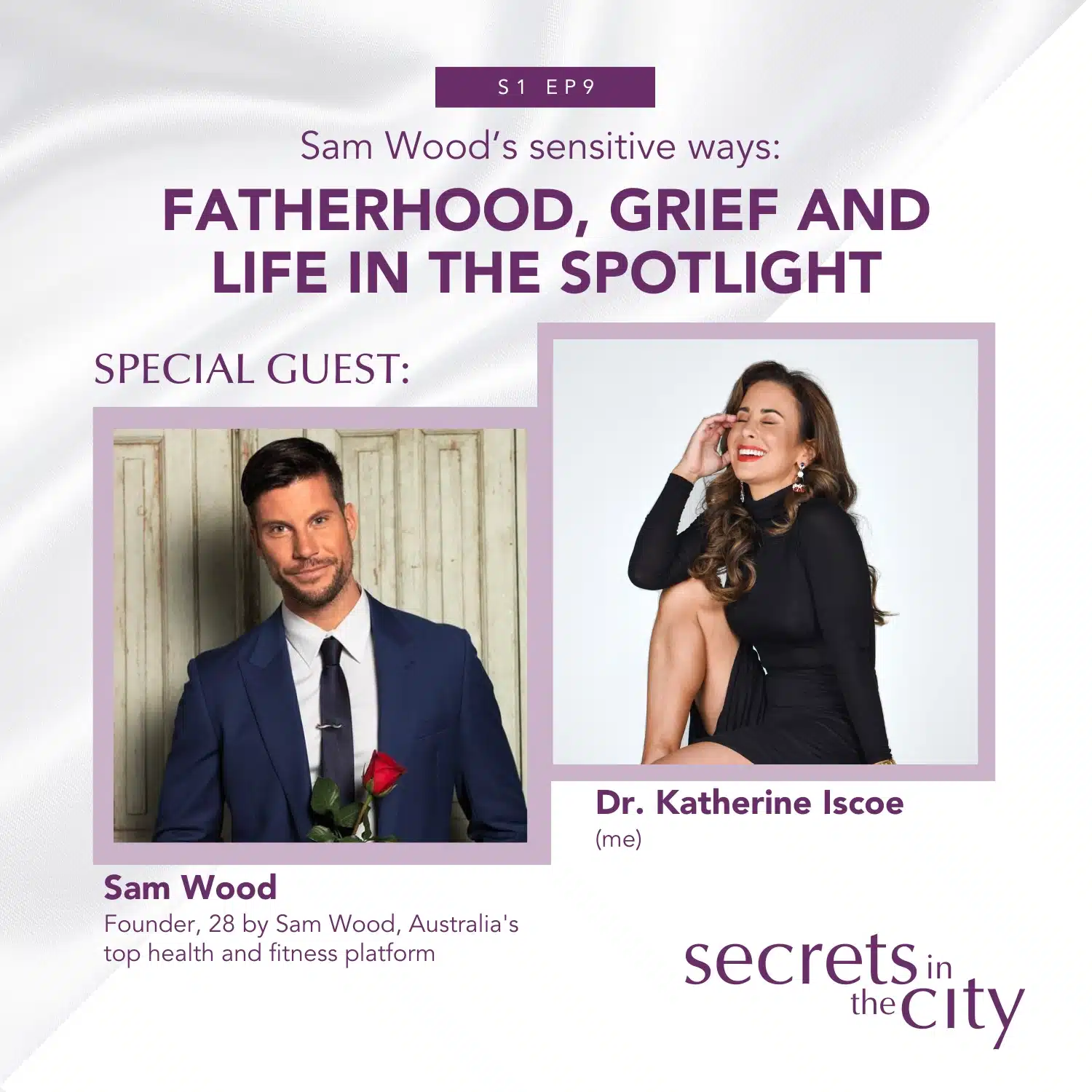 Sam Wood's Sensitive Ways Podcast - Secrets in the City podcast cover featuring photos of Sam Wood and Dr. Katherine Iscoe
