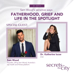 Secrets in the City podcast cover featuring photos of Sam Wood and Dr. Katherine Iscoe
