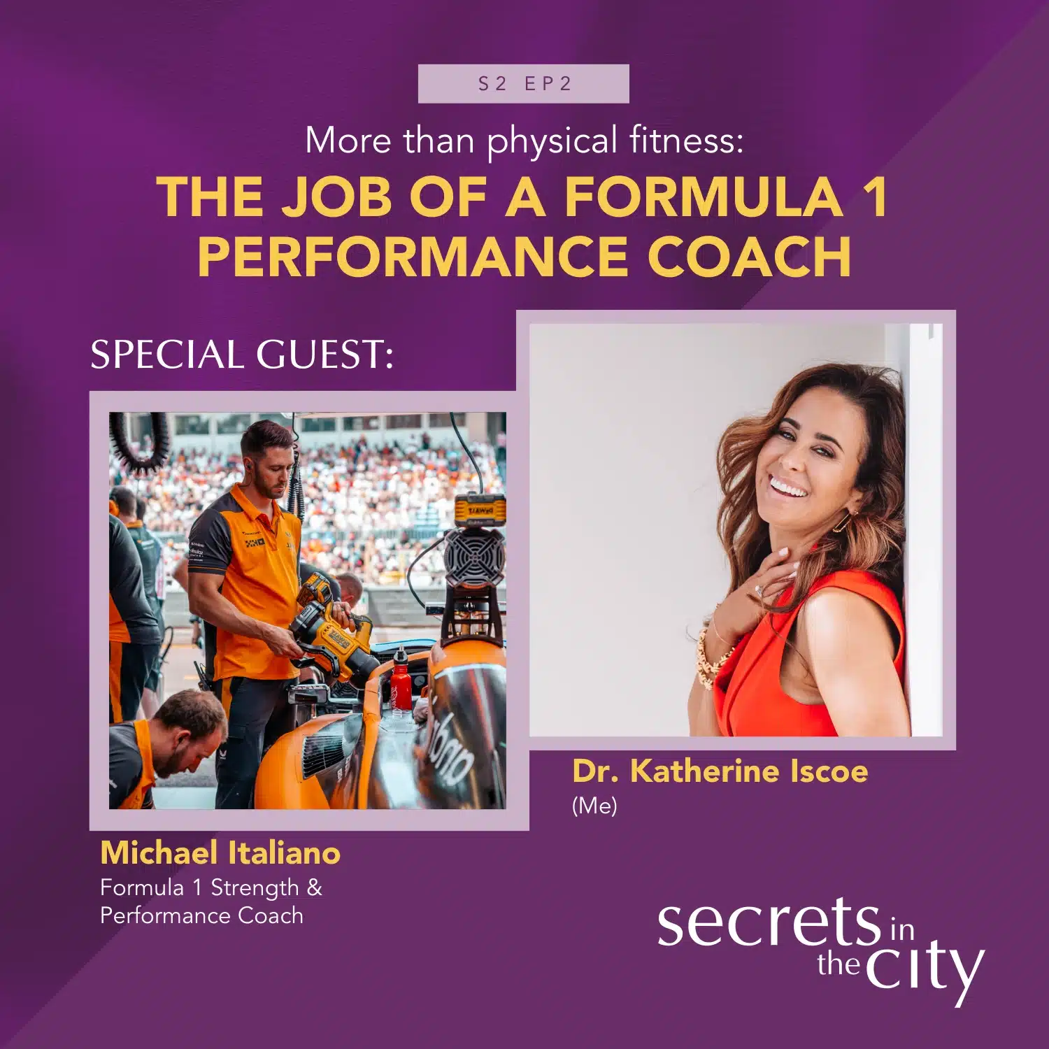 More Than Physical Fitness - Secrets in the City podcast cover featuring photos of Michael Italiano and Dr. Katherine Iscoe