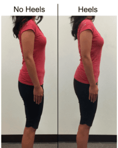Photo of a woman's posture in heels and not in heels - same woman, two photos side-by-side