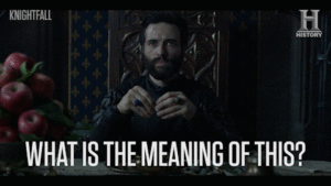 GIF: a man says "what is the meaning of this?"