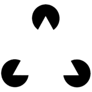 Three circles with cutouts that give the illusion there is a triangle in the middle of them